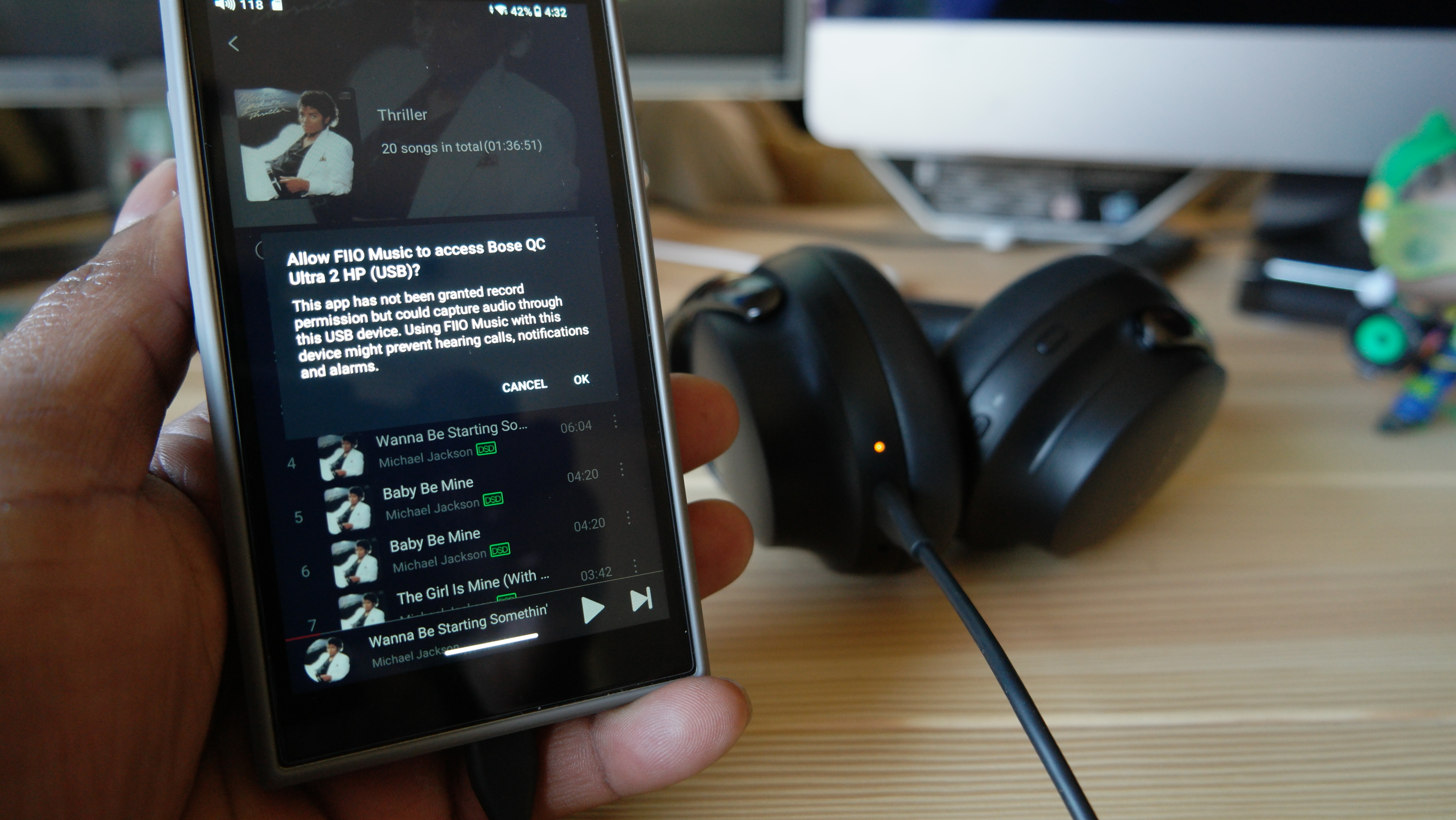 Bose QuietComfort Ultra Headphones (2nd Gen) connected to a FiiO M21 DAP