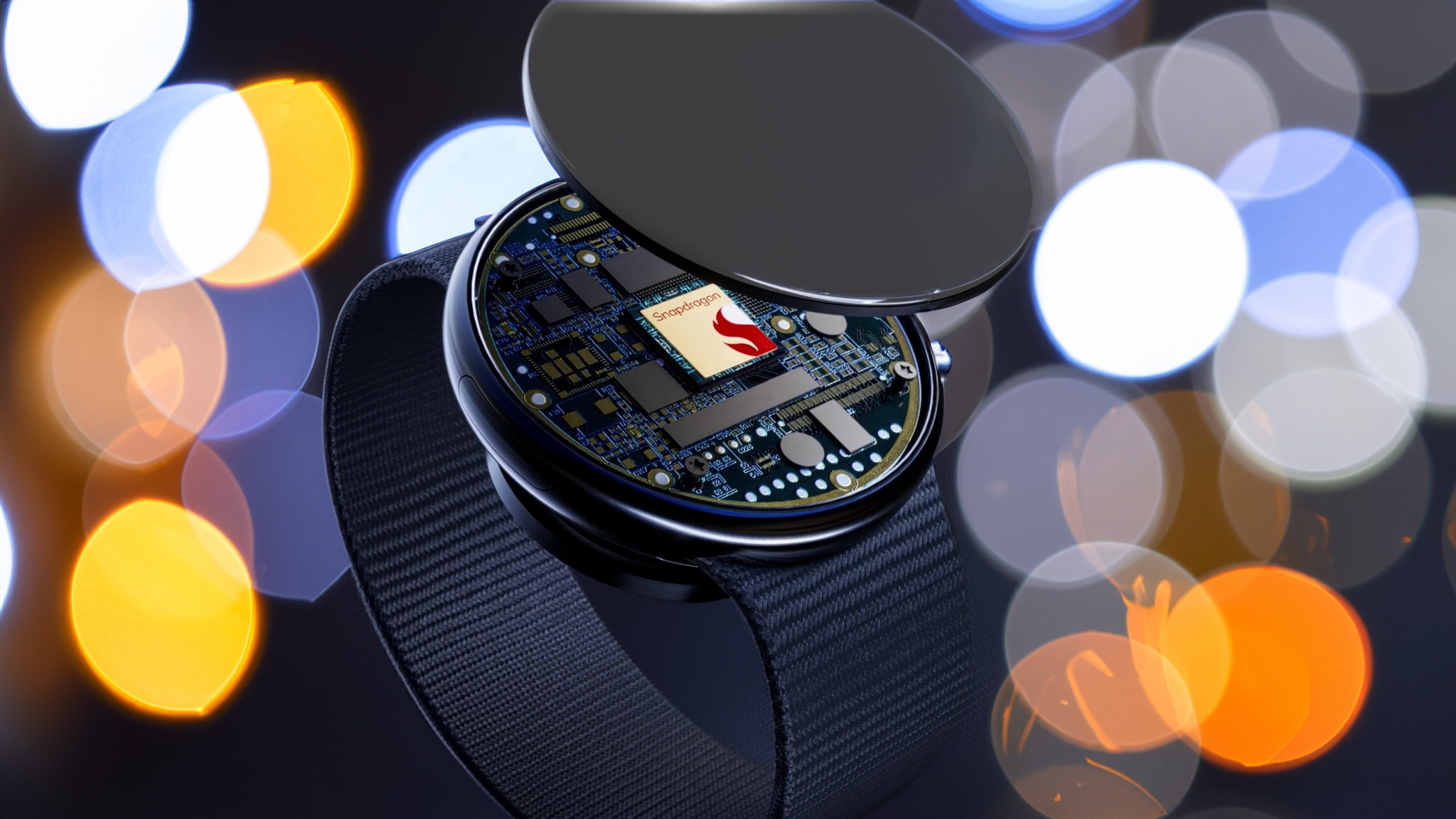 Ένα τσιπ Qualcomm Snapdragon Wear μέσα σε ένα smartwatch με φόντο bokeh