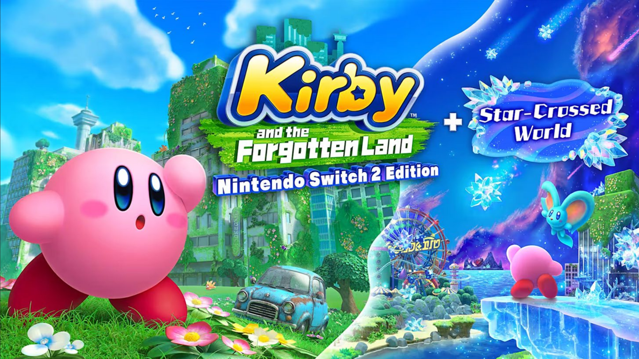 Η εικόνα δείχνει το εξώφυλλο του «Kirby and the Forgotten Land» Nintendo Switch 2 Edition, με τον Kirby σε μια ζωντανή, κατάφυτη πόλη και ένα παγωμένο τοπίο με τίτλο «Star-Crossed World».
