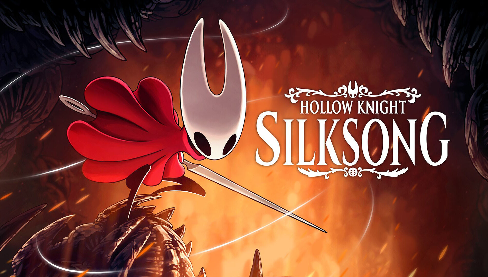 Η οθόνη τίτλου του βιντεοπαιχνιδιού Hollow Knight: Silksong παρουσιάζει έναν χαρακτήρα σε μια δυναμική στάση.