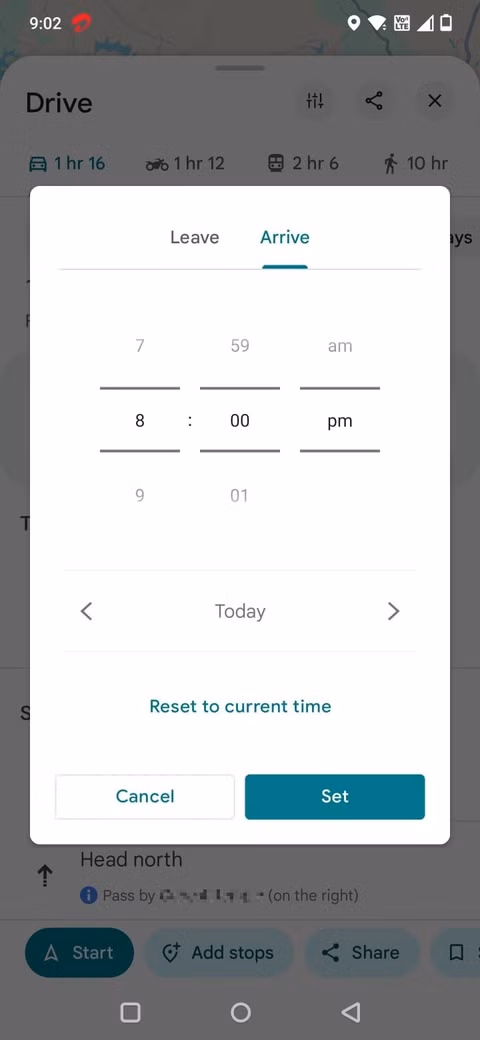 Στιγμιότυπο οθόνης που δείχνει την οθόνη Άφιξη στους Χάρτες Google