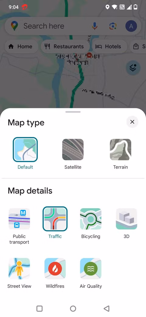Στιγμιότυπο οθόνης που δείχνει τους τύπους χαρτών στους Χάρτες Google