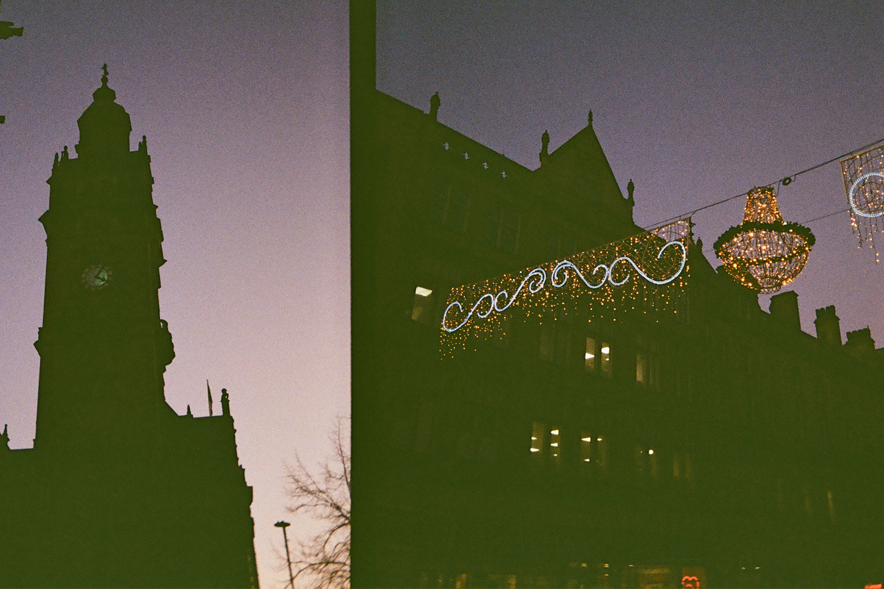 Two photos of Christmas decorations, taken on a Kodak Ektar H35 half frame film camera