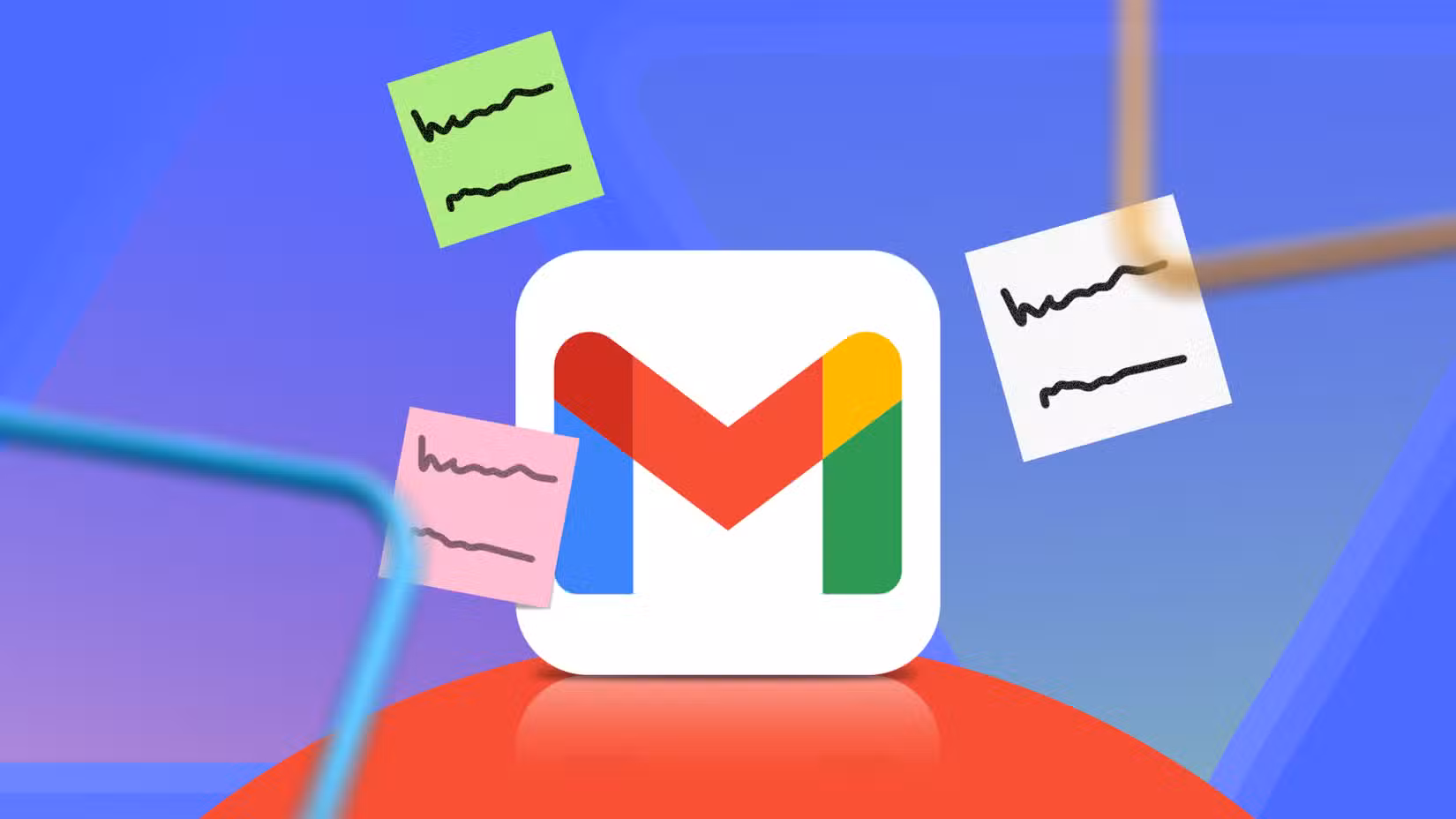 Λογότυπο Gmail που περιβάλλεται από αιωρούμενες πολύχρωμες αυτοκόλλητες σημειώσεις σε μπλε φόντο