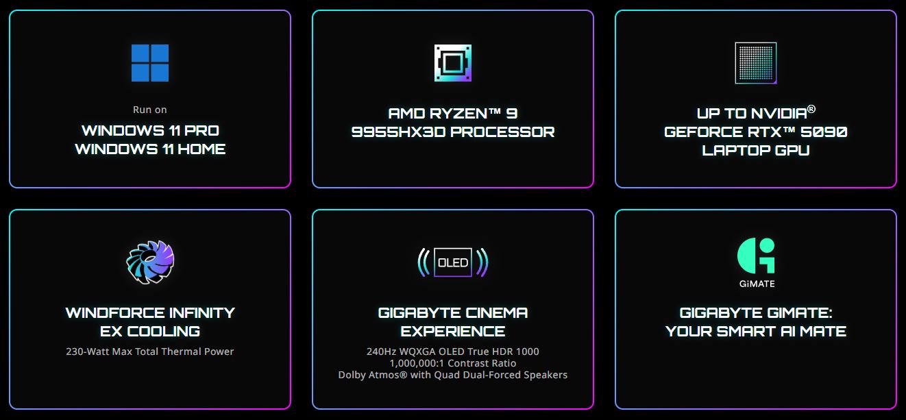 Η GIGABYTE αποκαλύπτει το Flagship Ryzen 9955HX3D-Powered AORUS Master 16, το AERO X16 με τη σειρά Ryzen AI 400 και τους φορητούς υπολογιστές Gaming A18 PRO που βασίζονται σε επεξεργαστή Intel Επισημαίνονται έξι χαρακτηριστικά προϊόντος, συμπεριλαμβανομένων των «Windows 11 Pro», «AMD Ryzen 9 9955HX3D Processor», «NVIDIA GeForce RTX 5090 Laptop GPU,» «Windforce Infinity EX Cooling», «Gigabyte Cinema: SmartGimateGai.