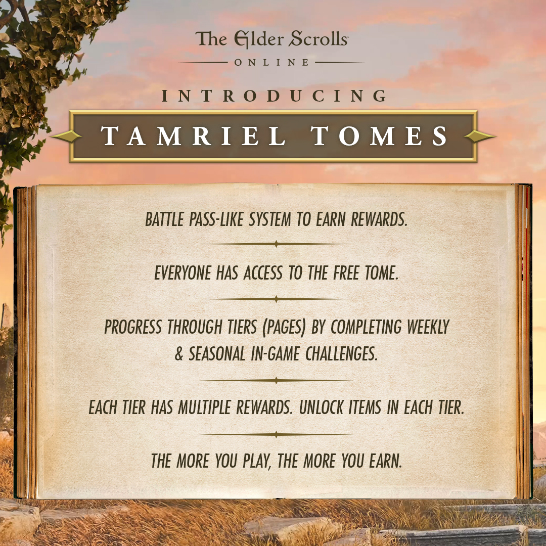 Μια προωθητική εικόνα για το The Elder Scrolls Online παρουσιάζει το «Tamriel Tomes», περιγράφοντας ένα σύστημα που μοιάζει με πάσο μάχης με δωρεάν πρόσβαση, κλιμακωτές ανταμοιβές και προκλήσεις εντός του παιχνιδιού.
