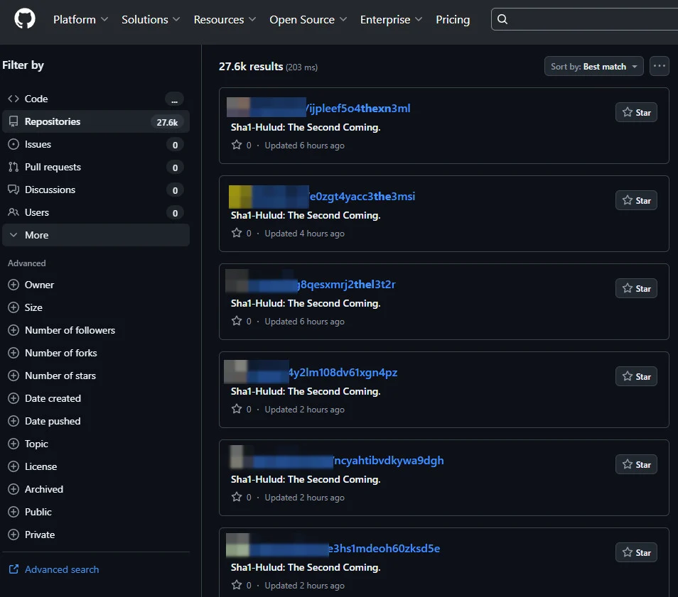 GitHub repositories with secrets stolen in the new Shai-Hulud campaign