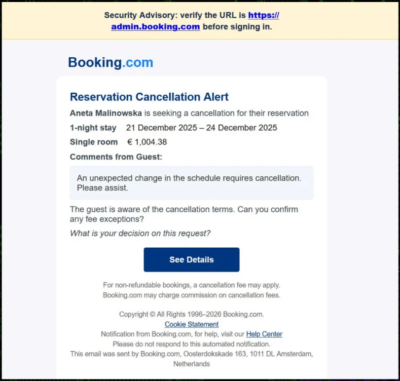 Ψεύτικη ειδοποίηση ακύρωσης της Booking.com