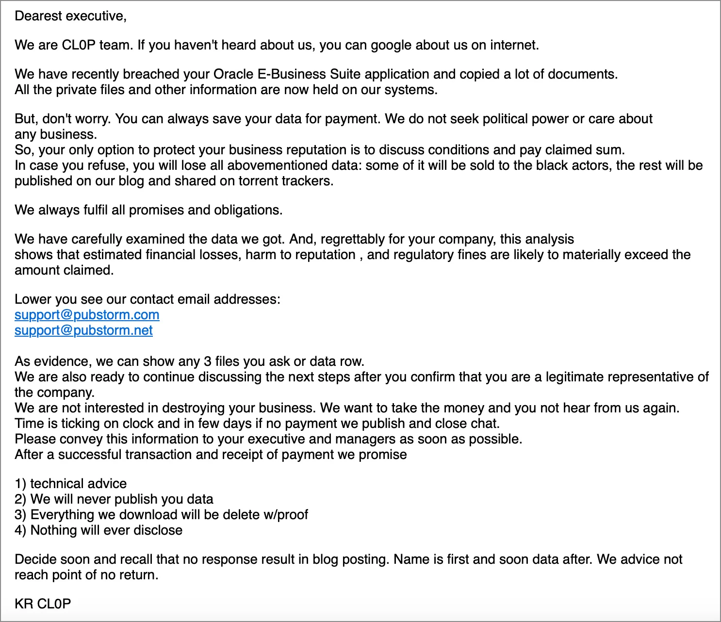 Clop extortion email sent to Oracle E-Business Suite customers