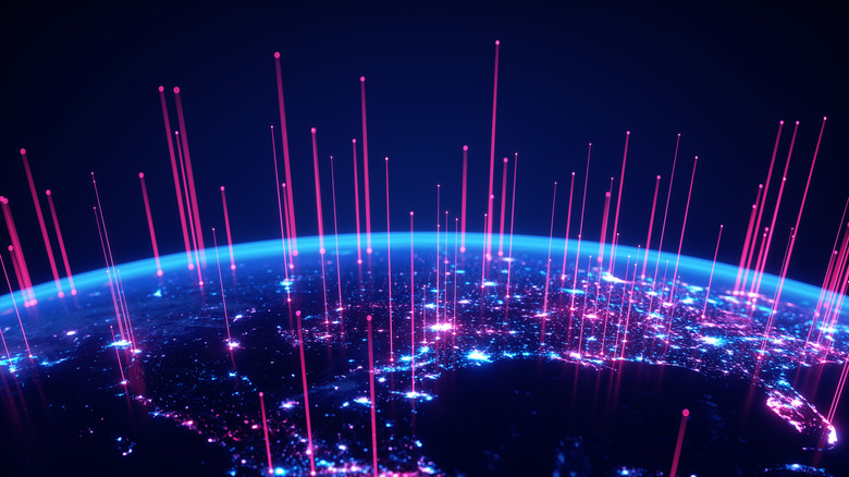 έννοια των σημάτων 6G που ανεβαίνουν στο διάστημα από τη Γη