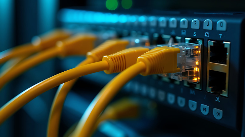 Πολλαπλά κίτρινα καλώδια Ethernet συνδεδεμένα σε διακομιστή