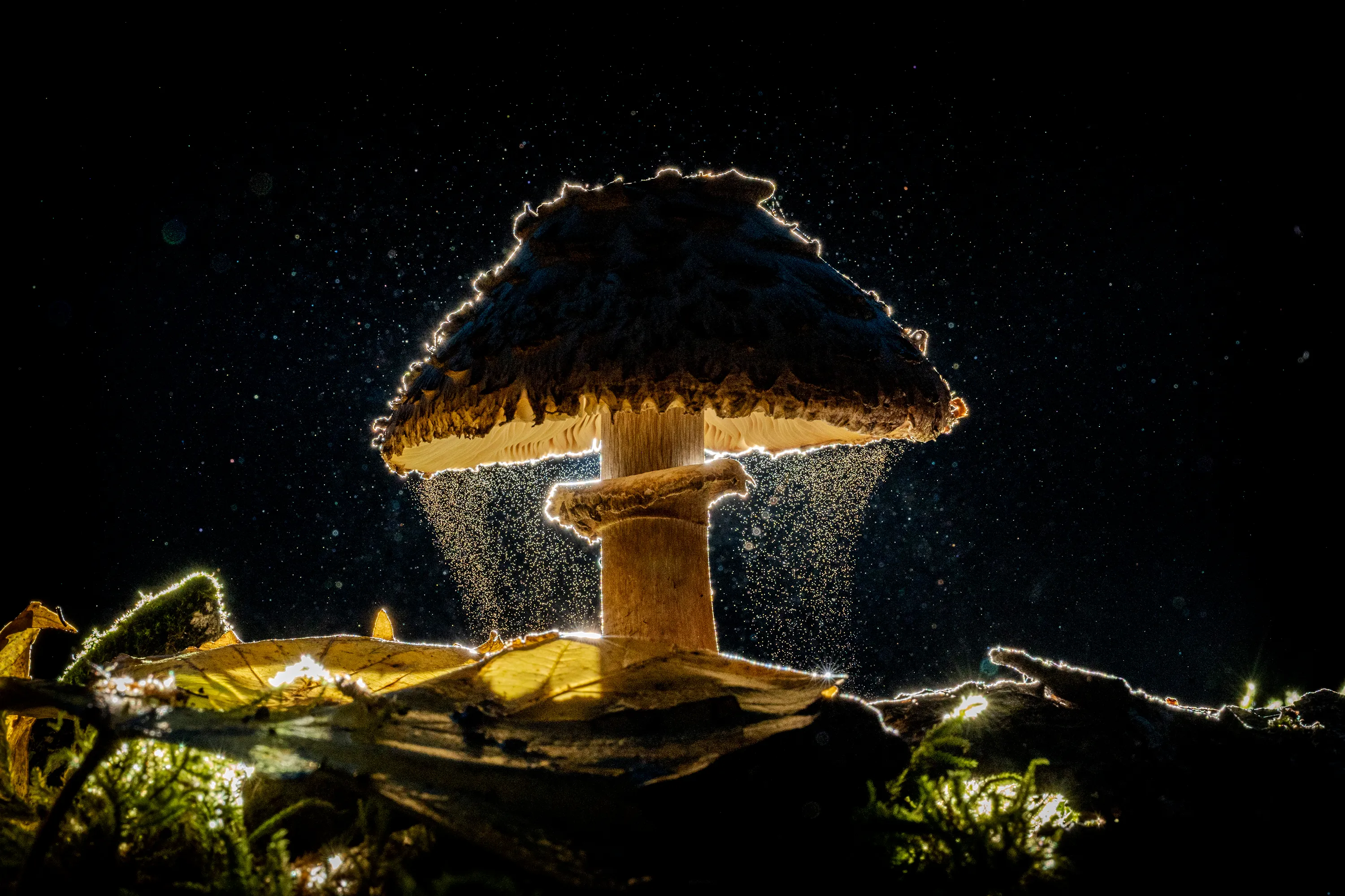 shaggy parasol mushroom with spore trails visibile