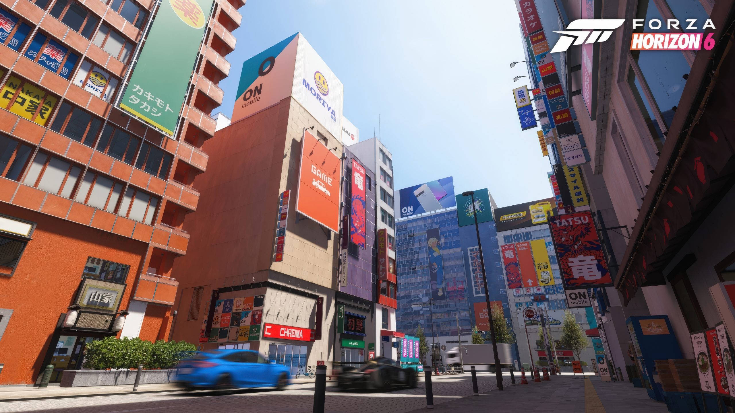 A street scene in 'Forza Horizon 6' with colorful signs and buildings, featuring a blurred blue car in motion.