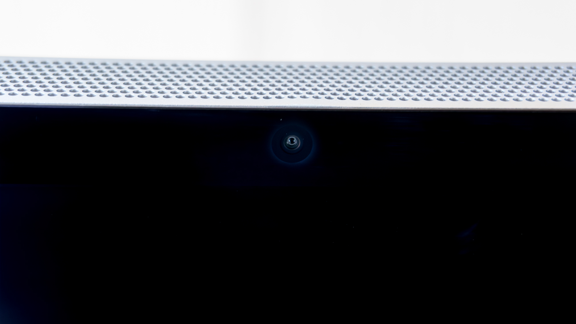 A closeup shot of the Center Stage camera on the Apple Studio Display XDR