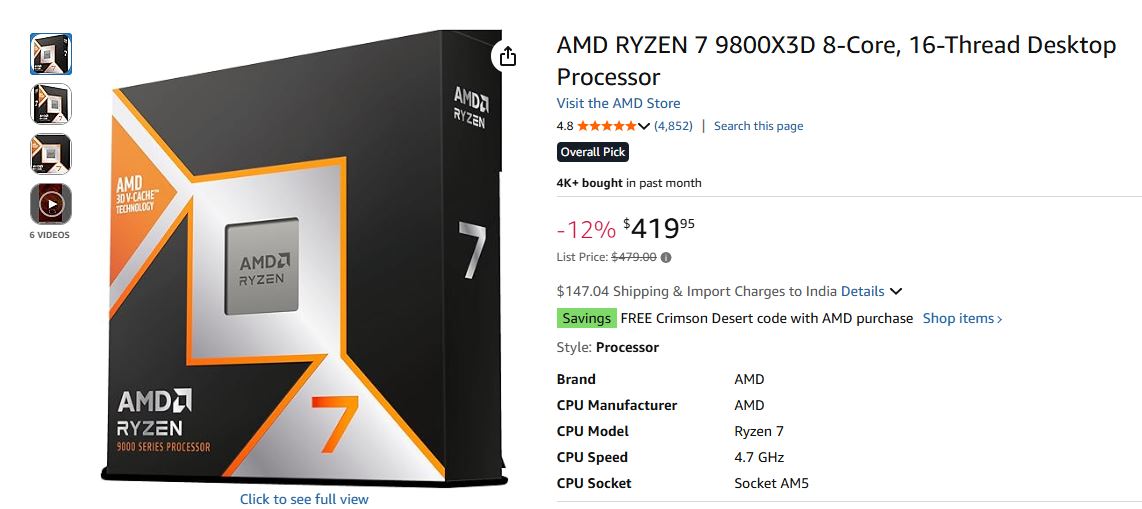 Η εικόνα δείχνει μια λίστα προϊόντων για τον επεξεργαστή AMD Ryzen 7 9800X3D 8-Core, 16-Thread Desktop Processor, με έκπτωση 12% στην τιμή των 419,95 $, με ταχύτητα '4,7 GHz' και 'Socket AM5'.