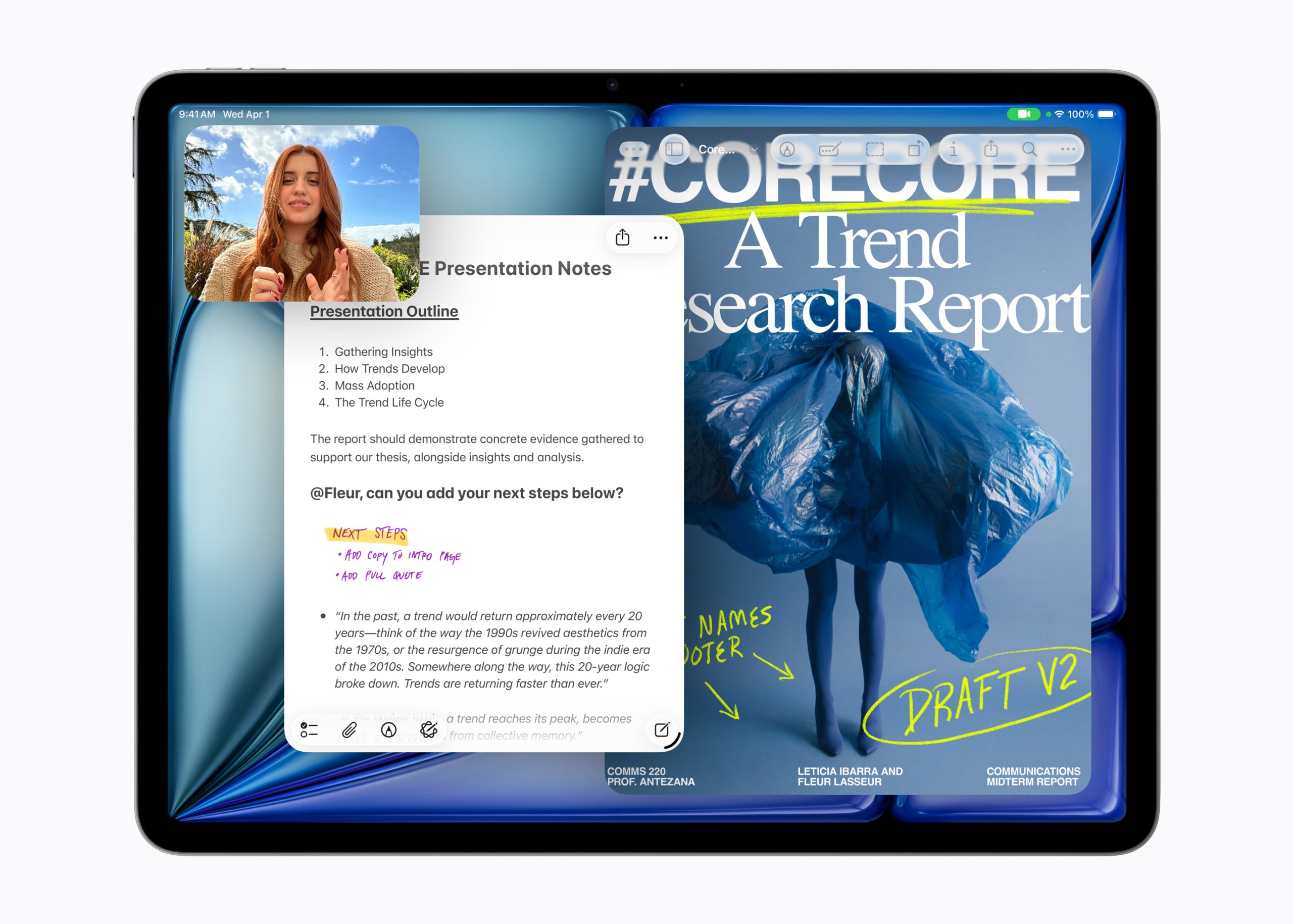 Μια ψηφιακή σημείωση με τίτλο «Σημειώσεις παρουσίασης πυρήνα» εμφανίζεται σε ένα tablet, μαζί με ένα ανοιχτό ψηφιακό περιοδικό με τίτλο