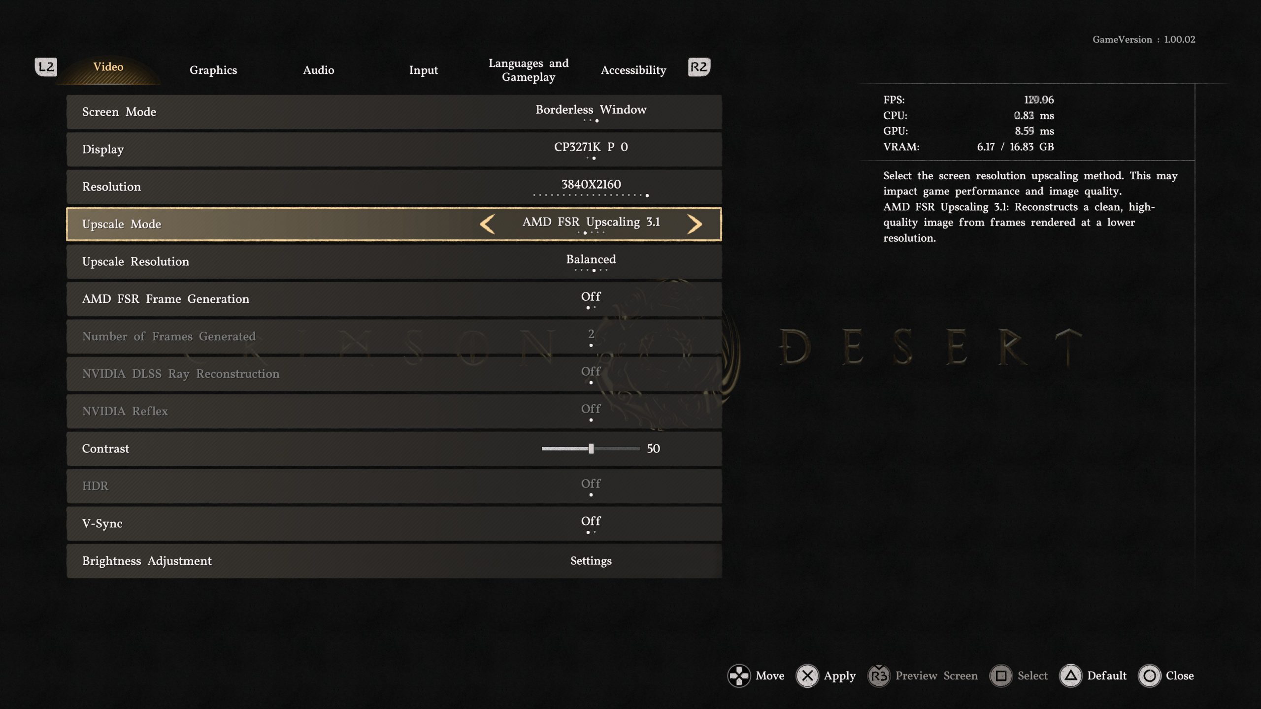 Ένα μενού ρυθμίσεων βίντεο στο Crimson Desert εμφανίζει επιλογές για «AMD FSR Upscaling 3.1», ανάλυση 3840x2160 και ρυθμό καρέ 120,96 FPS.