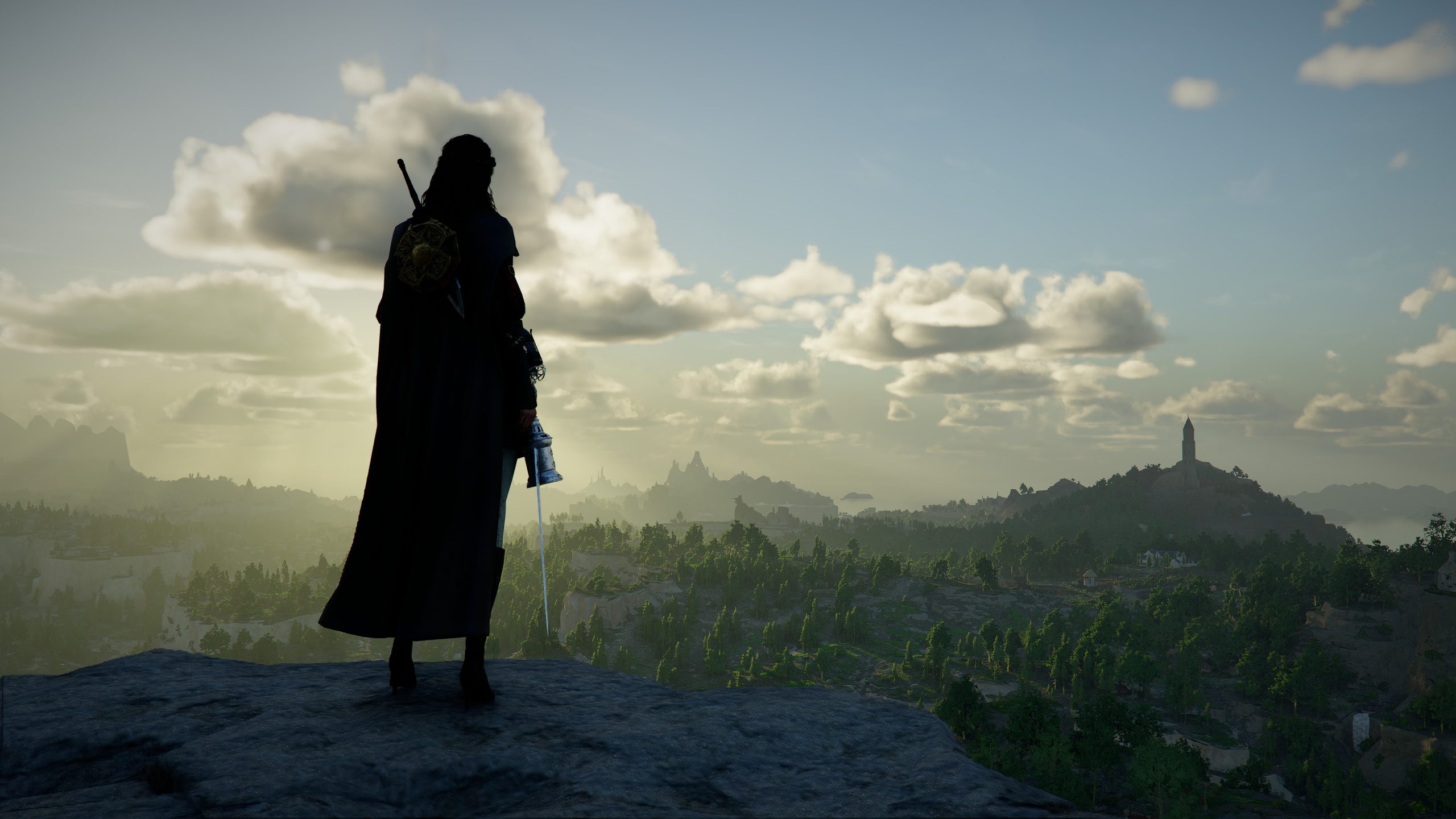 Ένας χαρακτήρας στην Crimson Desert που στέκεται σε έναν γκρεμό με θέα σε ένα απέραντο τοπίο το ηλιοβασίλεμα.