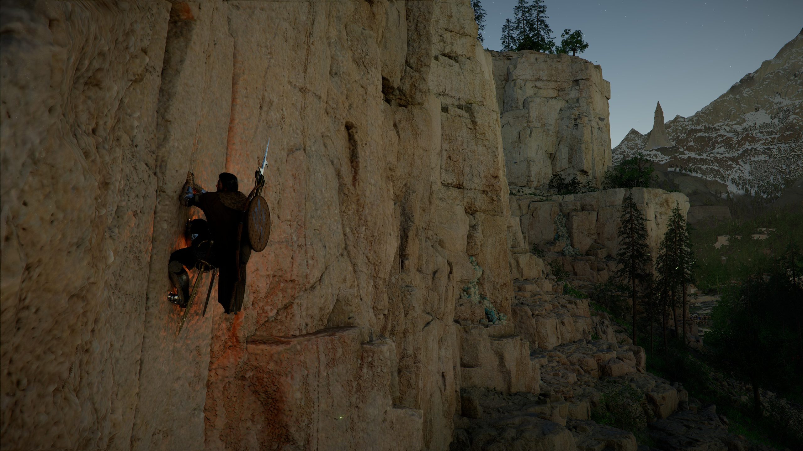 Ένας χαρακτήρας στο Crimson Desert που σκαλώνει έναν απότομο βράχο με ένα δόρυ και μια ασπίδα, που περιβάλλεται από ένα τραχύ ορεινό τοπίο.