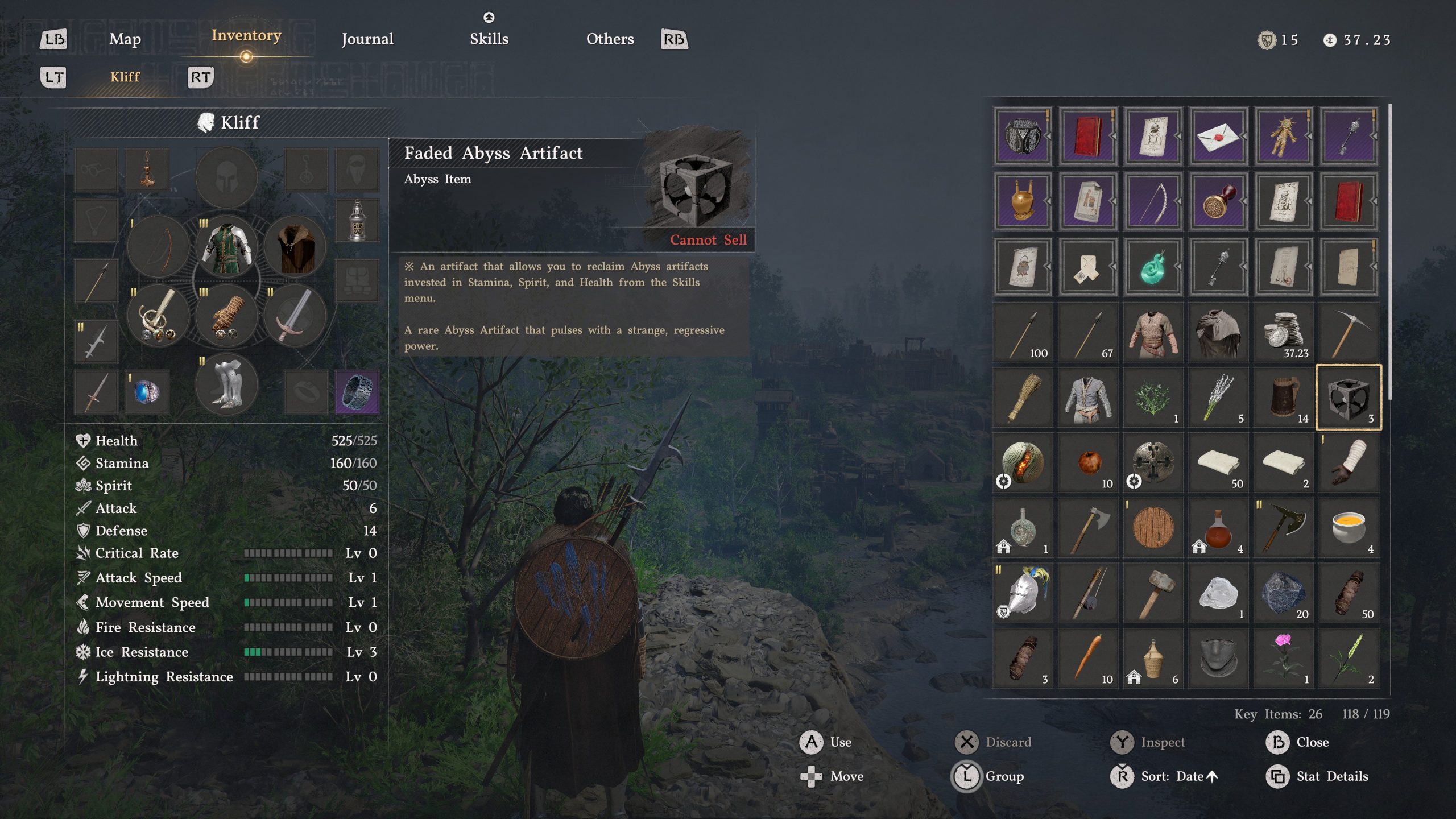 Η οθόνη Crimson Desert δείχνει έναν χαρακτήρα με το όνομα Kliff's inventory σε ένα RPG με μεσαιωνικό θέμα, τονίζοντας ένα «Faded Abyss Artifact» με στατιστικά στοιχεία που περιλαμβάνουν «Health 525/525» και «Stamina 160/160».