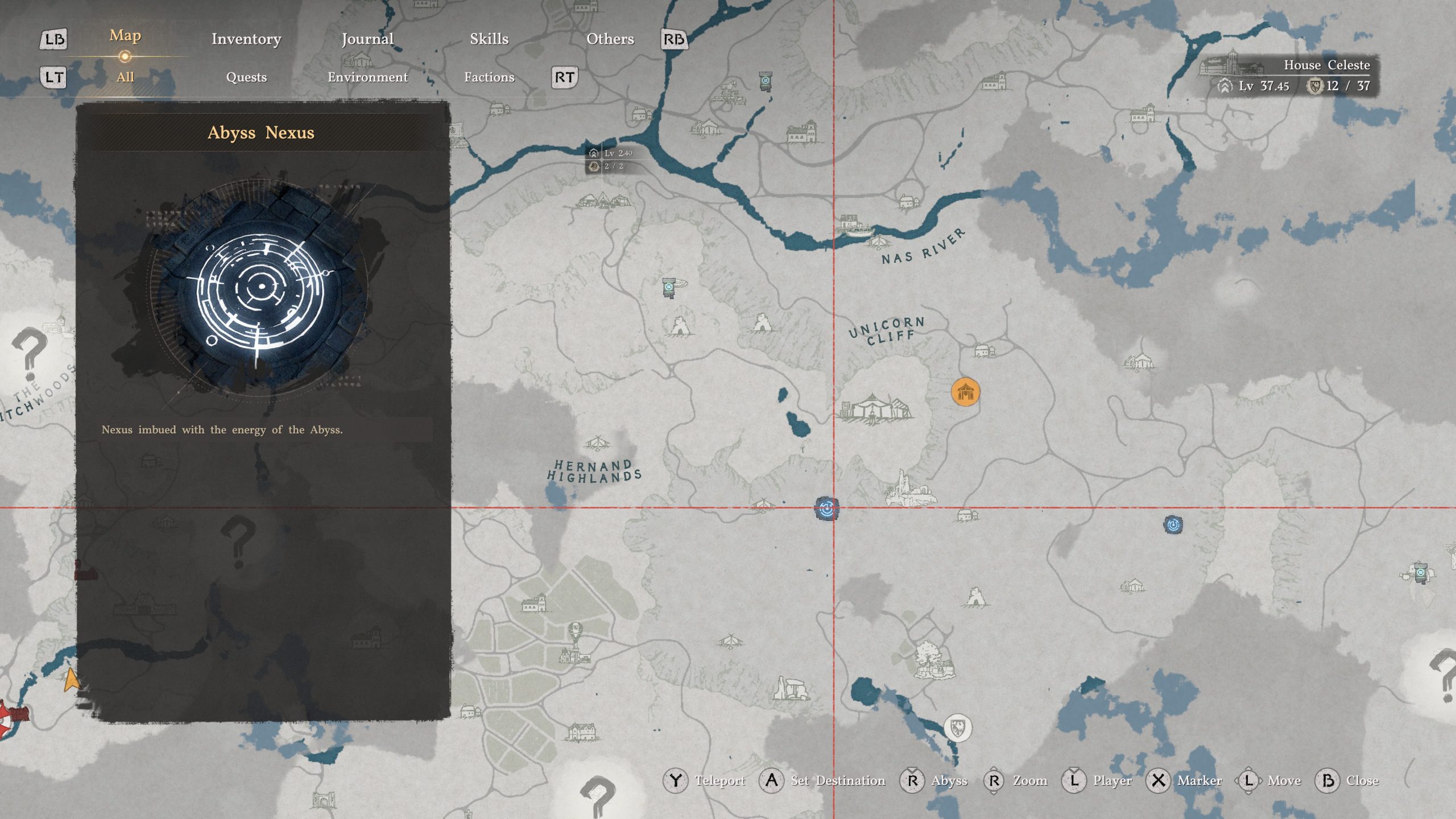 Μια οθόνη χάρτη από ένα βιντεοπαιχνίδι δείχνει την τοποθεσία «Abyss Nexus» με επιλογές για τηλεμεταφορά και άλλους προορισμούς, συμπεριλαμβανομένων των Hernand Highlands και Unicorn Cliff.