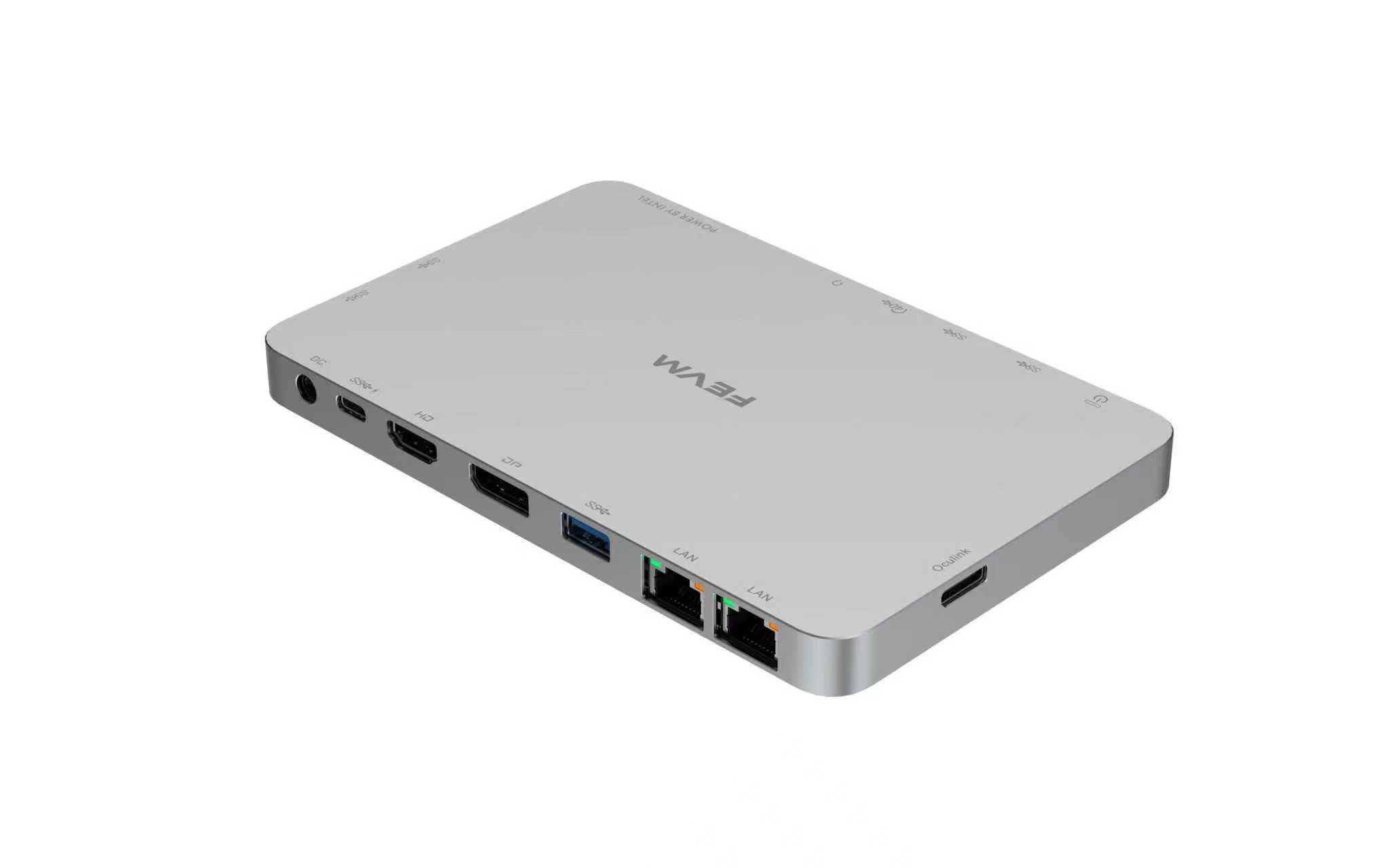 Μια ασημί βάση σύνδεσης FENVI με θύρες HDMI, DisplayPort, USB-C, USB-A, LAN και υποδοχή ακουστικών.