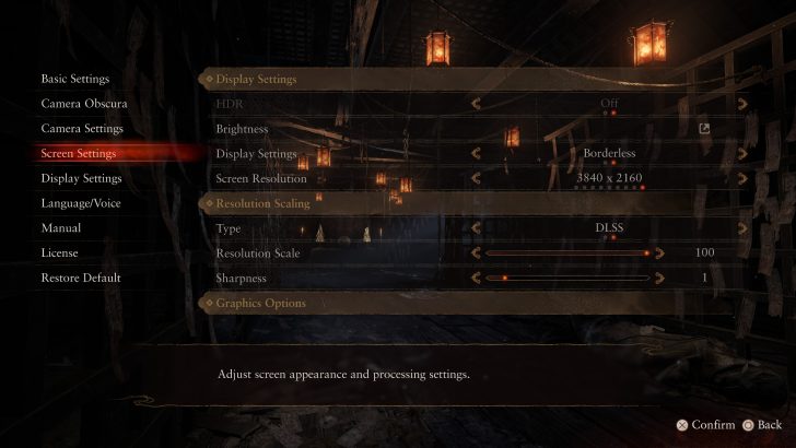 A screen settings menu in a game displays options including 'Screen Resolution' set to '3840 x 2160' and 'Resolution