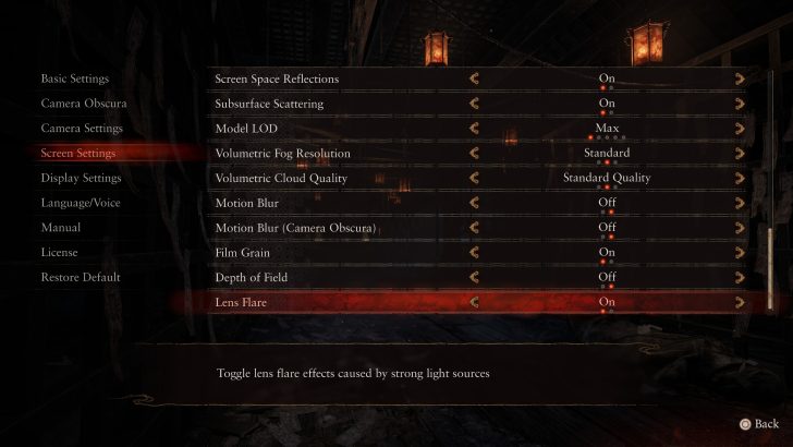 A video game settings menu showing 'Screen Settings' with options like 'Lens Flare' set to 'On'.