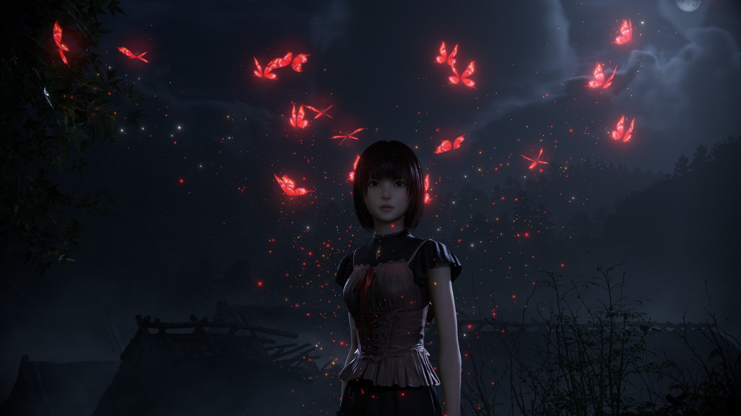 A character in Fatal Frame 2 Crimson Butterfly Remake standing amidst glowing red butterflies under a moonlit sky.