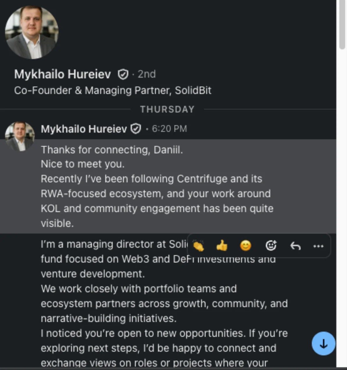 Συνομιλία LinkedIn που δείχνει τη ροή κοινωνικής μηχανικής του SolidBit Capital που χρησιμοποιείται για να προσελκύσει επαγγελματίες κρυπτογράφησης και Web3 (Πηγή - Moonlock)