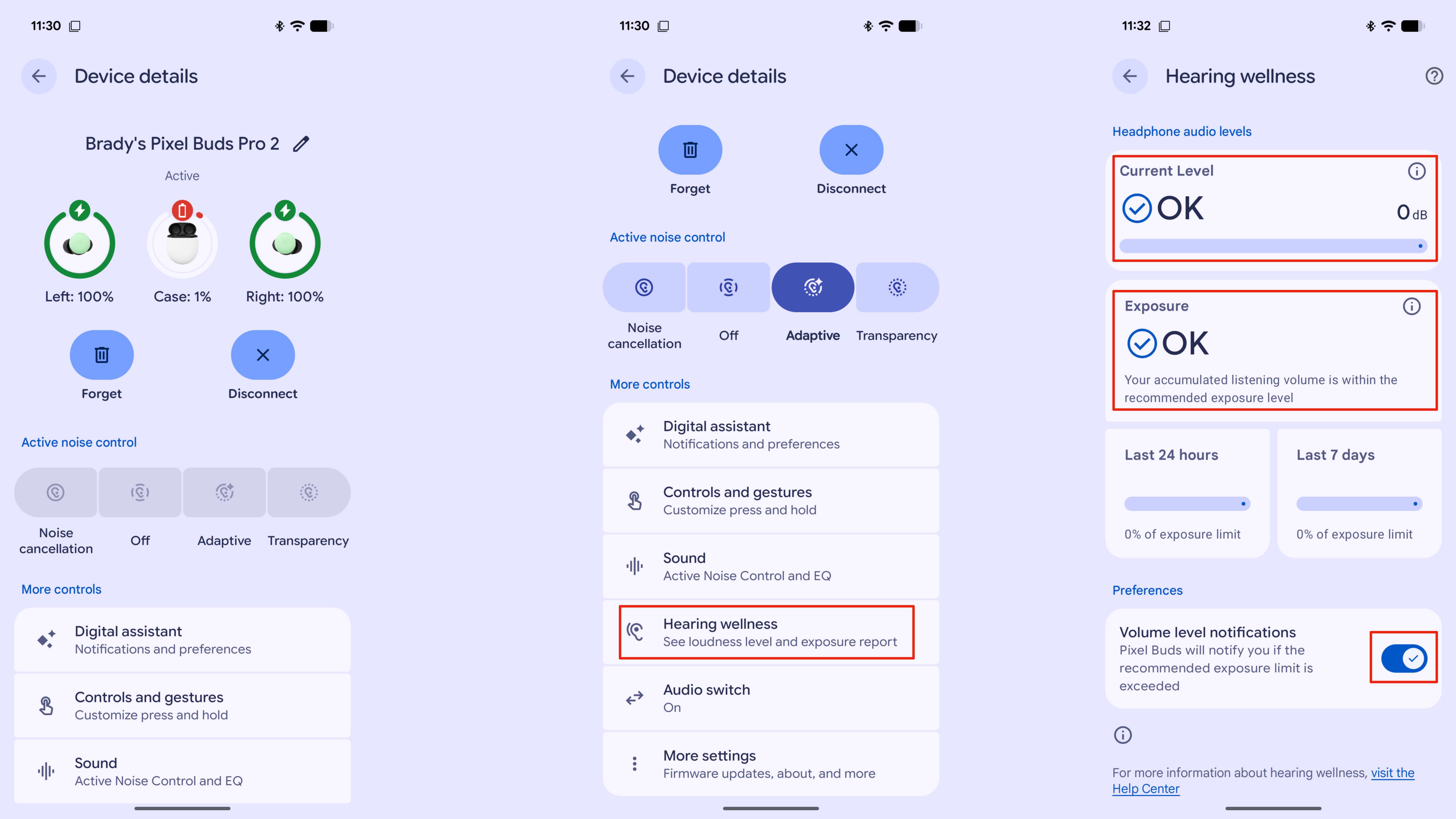 Βήματα για την ενεργοποίηση του Adaptive Audio και τον έλεγχο της ευεξίας της ακοής στο Pixel Buds Pro 2.
