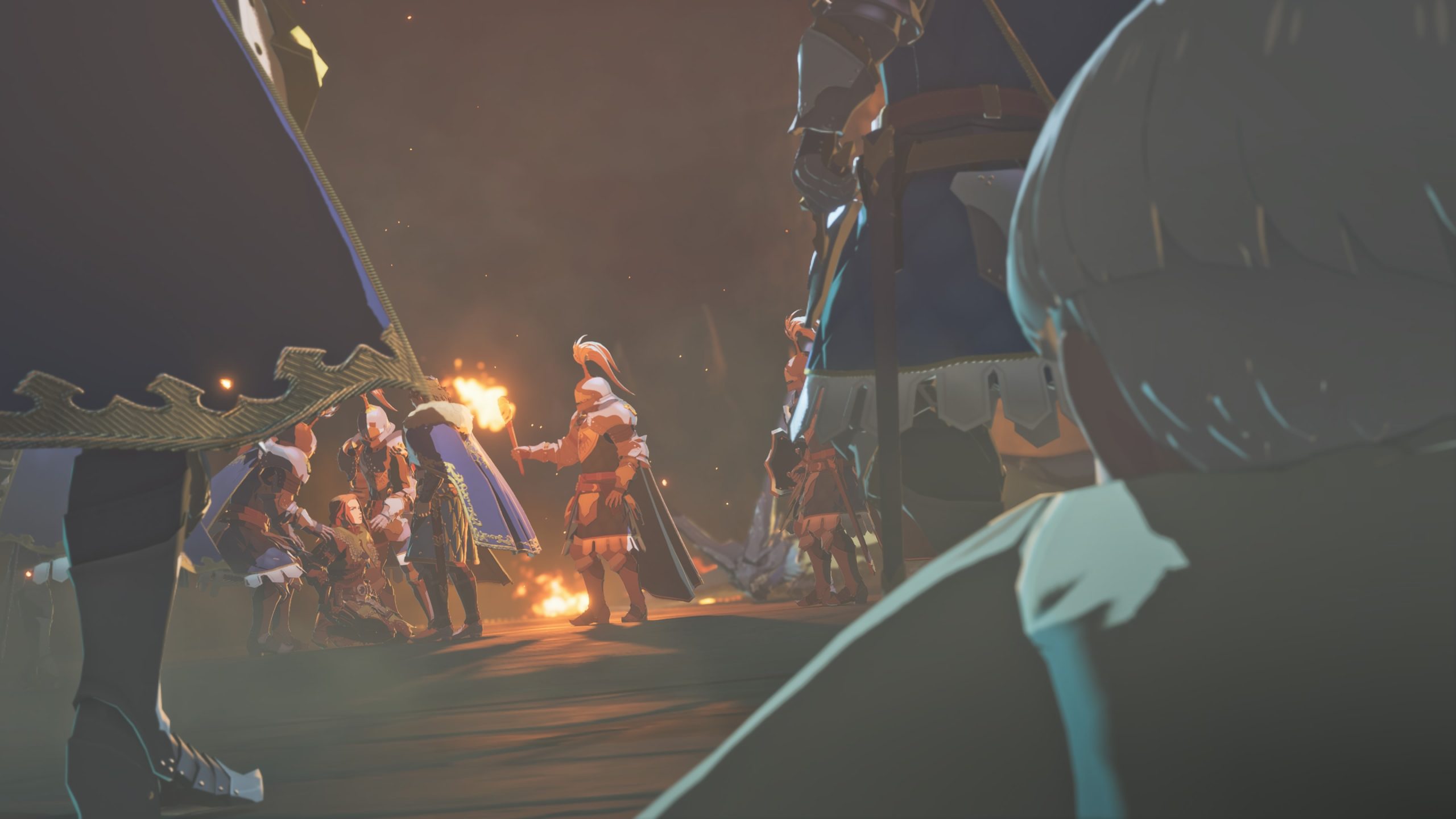 Μια σκηνή από το παιχνίδι «Monster Hunter Stories 3» δείχνει θωρακισμένους στρατιώτες να περιβάλλουν έναν γονατιστό χαρακτήρα, φωτισμένο από δάδες.