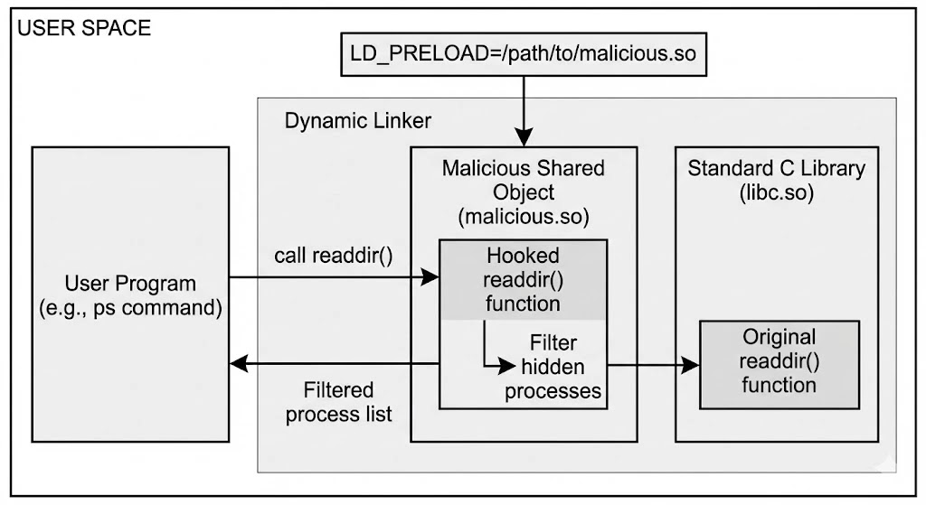 Επισκόπηση της ροής αγκίστρωσης της συνάρτησης readdir() από κοινόχρηστο rootkit αντικειμένων (Πηγή - Elastic)