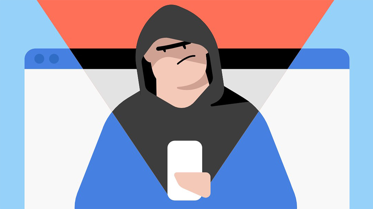 Γελοιογραφία χάκερ με κουκούλα που κρατά smartphone, με ιστότοπο πίσω τους