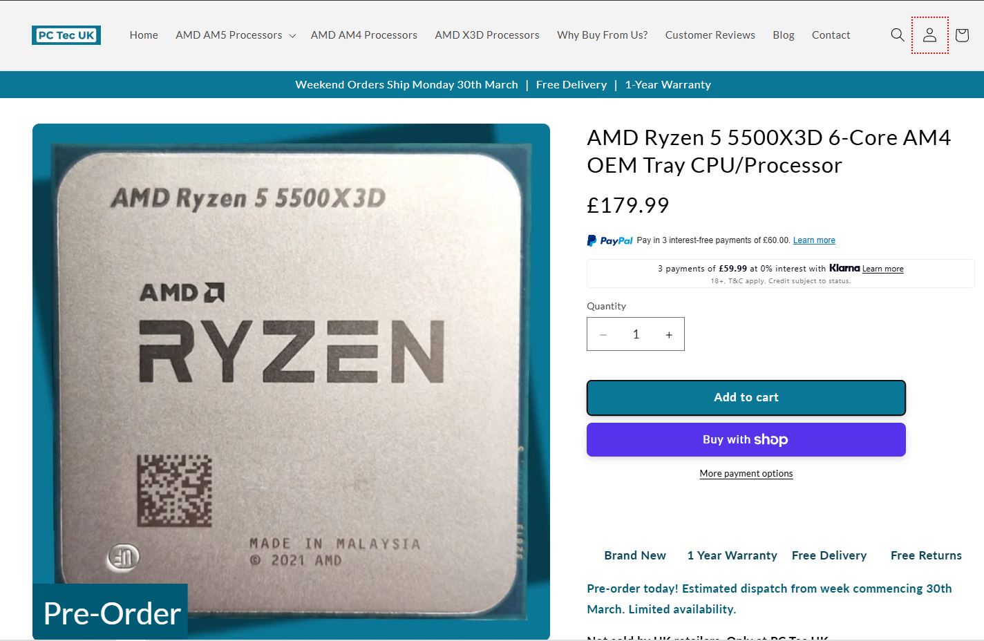 Ένας επεξεργαστής AMD Ryzen 5 5500X3D εμφανίζεται για προπαραγγελία στον ιστότοπο PC Tec UK για 179,99 £.
