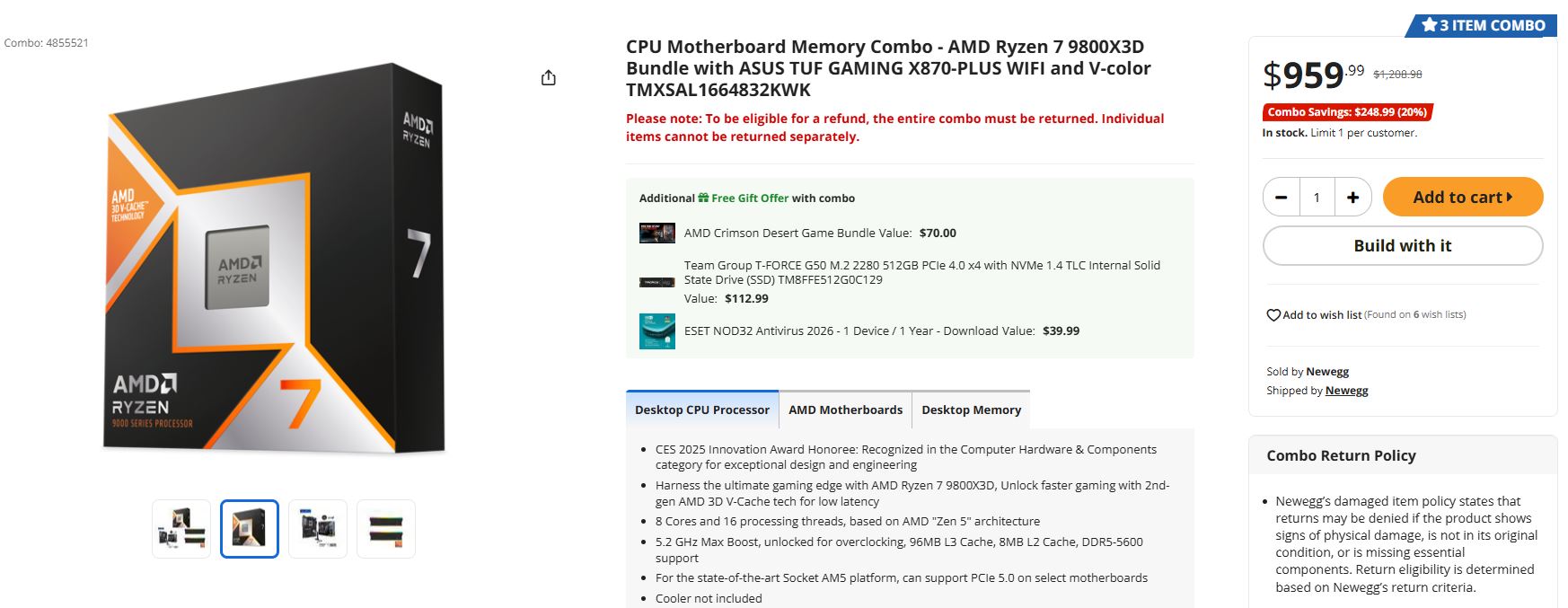 Η εικόνα δείχνει μια CPU AMD Ryzen 7 9800X3D στο κουτί της μαζί με μια λίστα προϊόντων για μια σύνθετη συμφωνία με πρόσθετες λεπτομέρειες, συμπεριλαμβανομένης της τιμής των 959,99 $ και μιας «Εξοικονόμησης Combo: 248,99 $ (20%)».