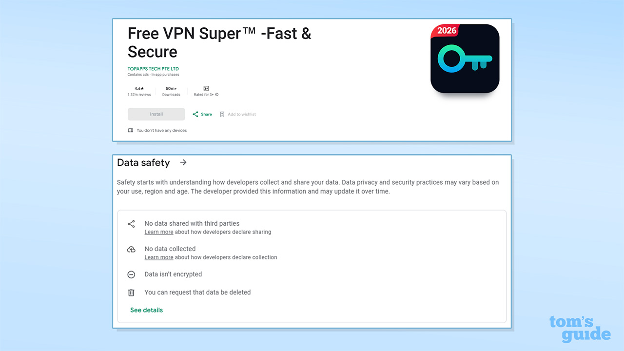 Στιγμιότυπο οθόνης της σελίδας Google Play Store του Free VPN Super