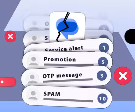 Μια γεμάτη στοίβα ανεπιθύμητων μηνυμάτων, OTP και διαφημιστικών μηνυμάτων κάτω από ένα σπασμένο εικονίδιο του Google Messages