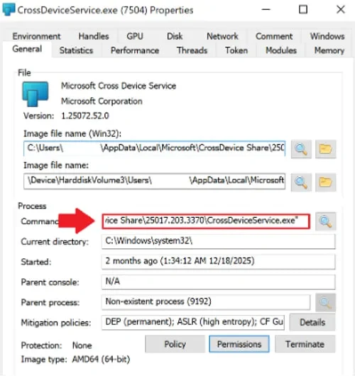 Ορισμός γραμμής εντολών για το CrossDeviceService.exe
