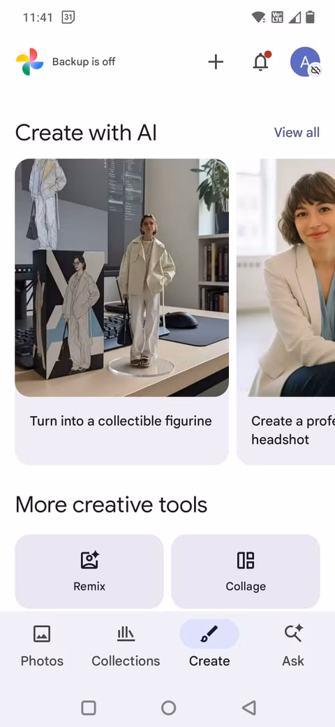 Στιγμιότυπο οθόνης που δείχνει την καρτέλα Δημιουργία στις Φωτογραφίες Google