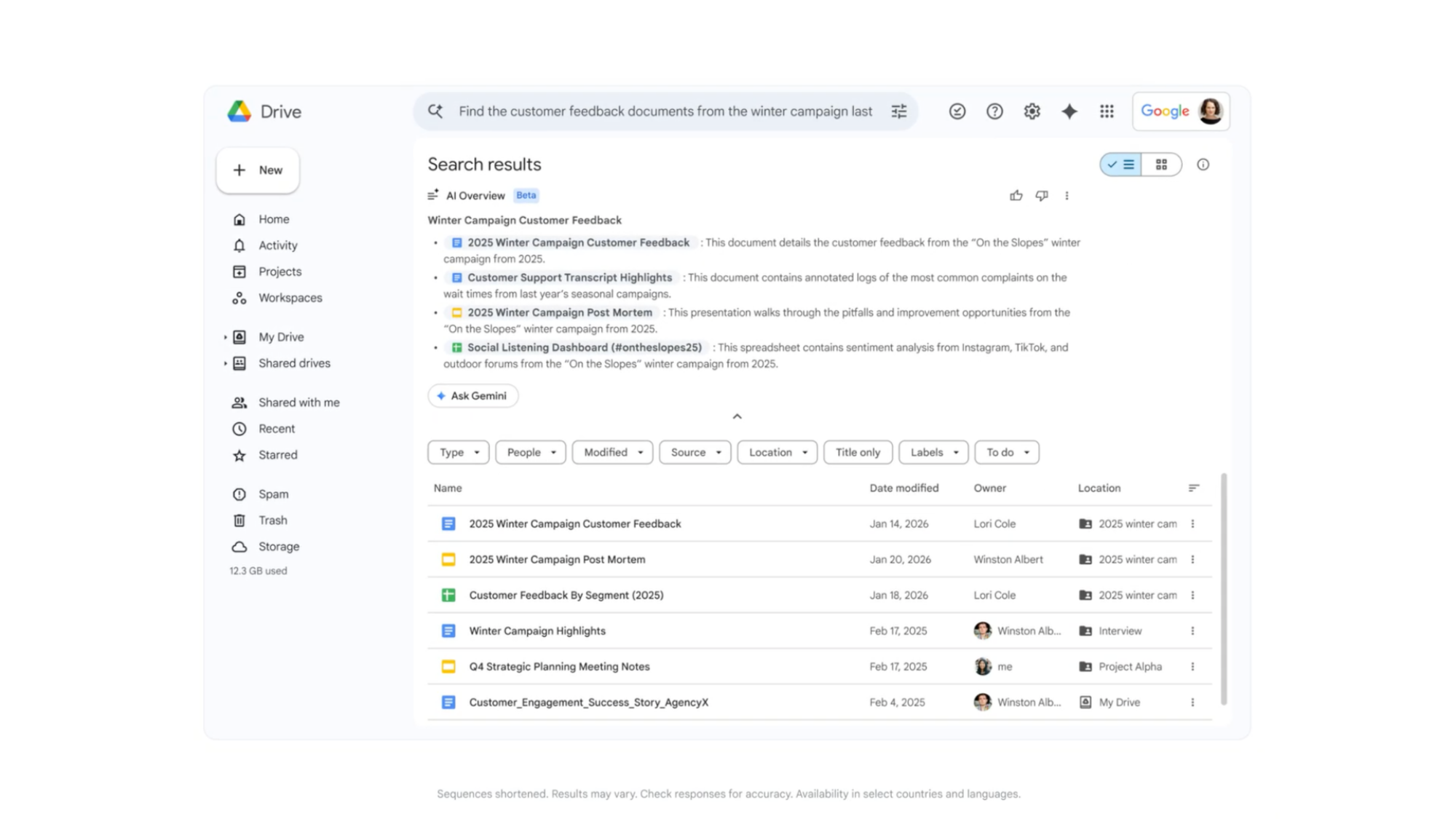 Μια επίδειξη της Επισκόπησης AI του Google Drive.