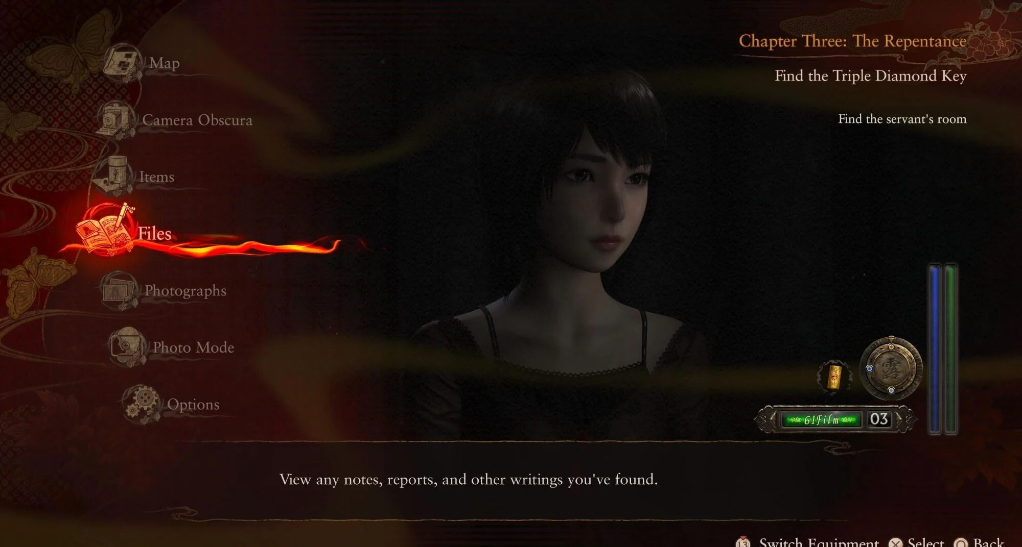 Menu screen showing character portrait and objectives in Fatal Frame II Chapter Three.