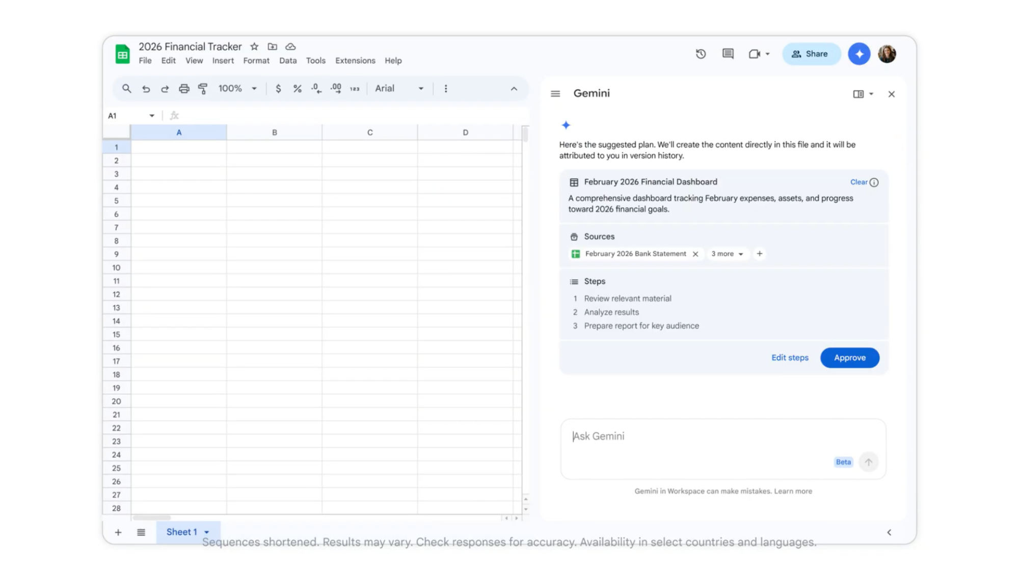 Μια επίδειξη της δημιουργίας υπολογιστικών φύλλων με υποστήριξη Gemini των Φύλλων Google.