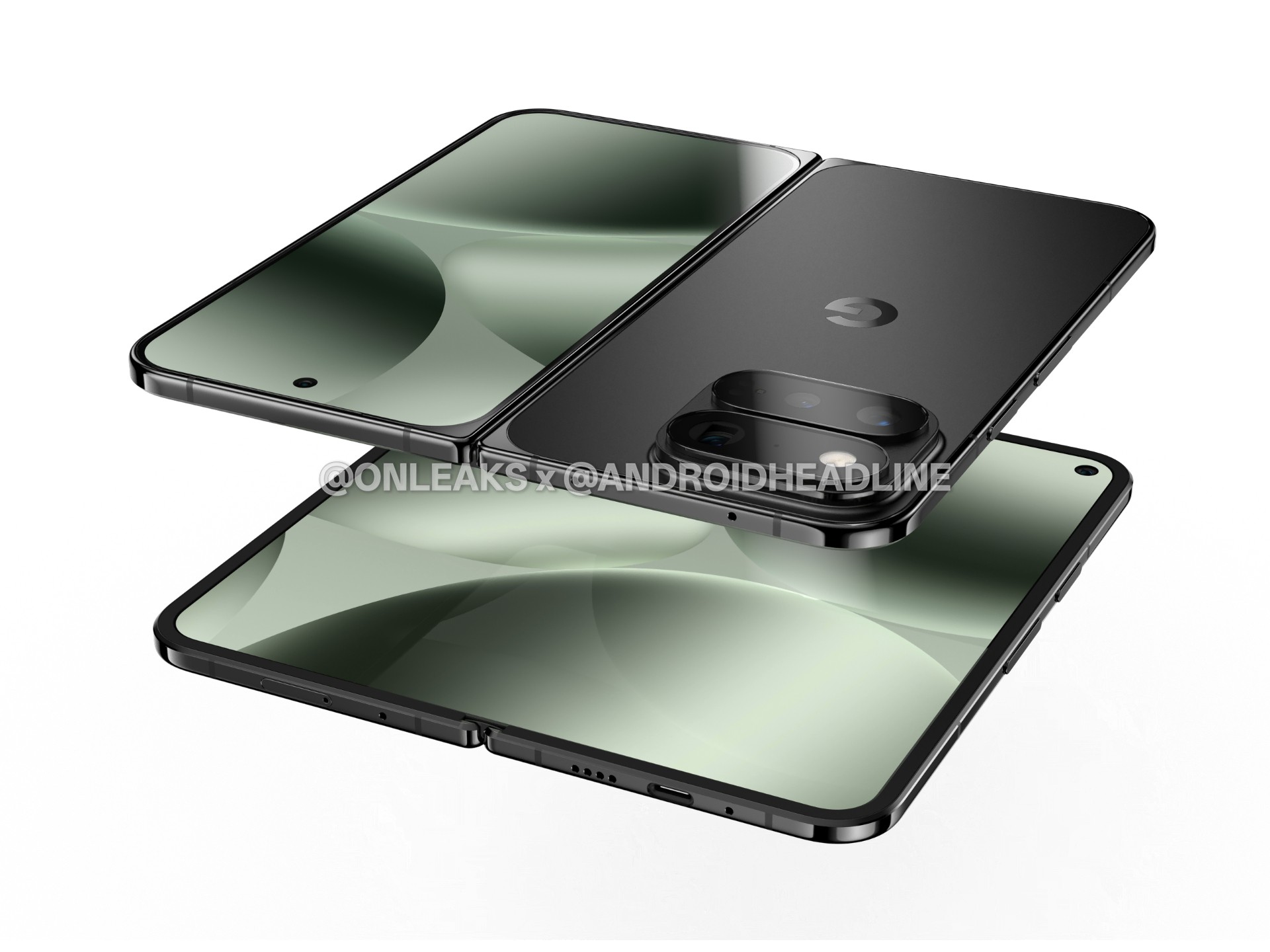 Μια υποτιθέμενη ματιά στο Google Pixel 11 Pro Fold σε αυτό που φαίνεται να είναι ένα χρώμα Moonstone (μαύρο), σε γωνίες που κυμαίνονται από ευθεία έως πλάγια όψη.