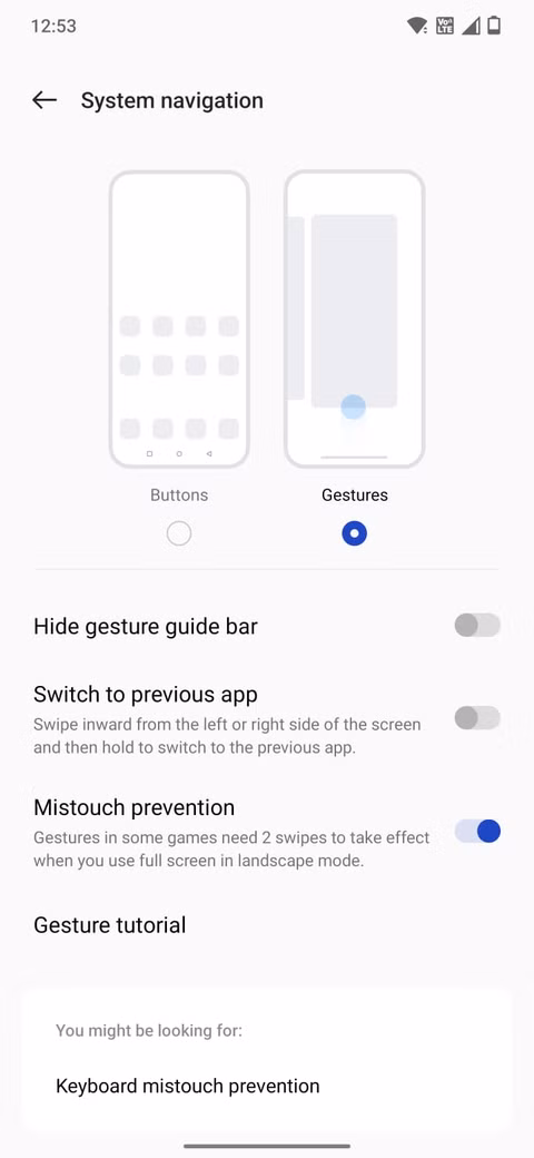 Στιγμιότυπο οθόνης που δείχνει την εναλλαγή χειρονομίας στις ρυθμίσεις συστήματος