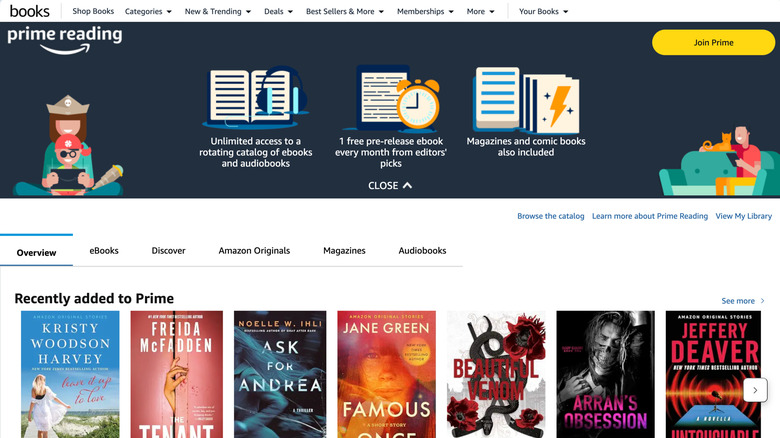 Ένα στιγμιότυπο οθόνης που δείχνει την αρχική σελίδα του Prime Reading