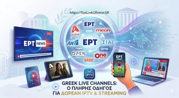 Greek Live Channels 2026: Πώς Βλέπεις Ελληνική Τηλεόραση Δωρεάν — IPTV Οθόνη Smart TV με greek live channels και λογότυπα ελληνικών καναλιών ΕΡΤ ANT1 MEGA σε streaming interface