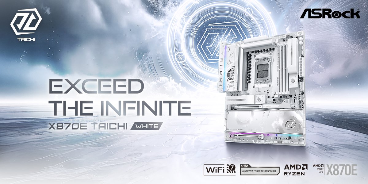 Η μητρική X870E Taichi White της ASRock σε φουτουριστικό φόντο.