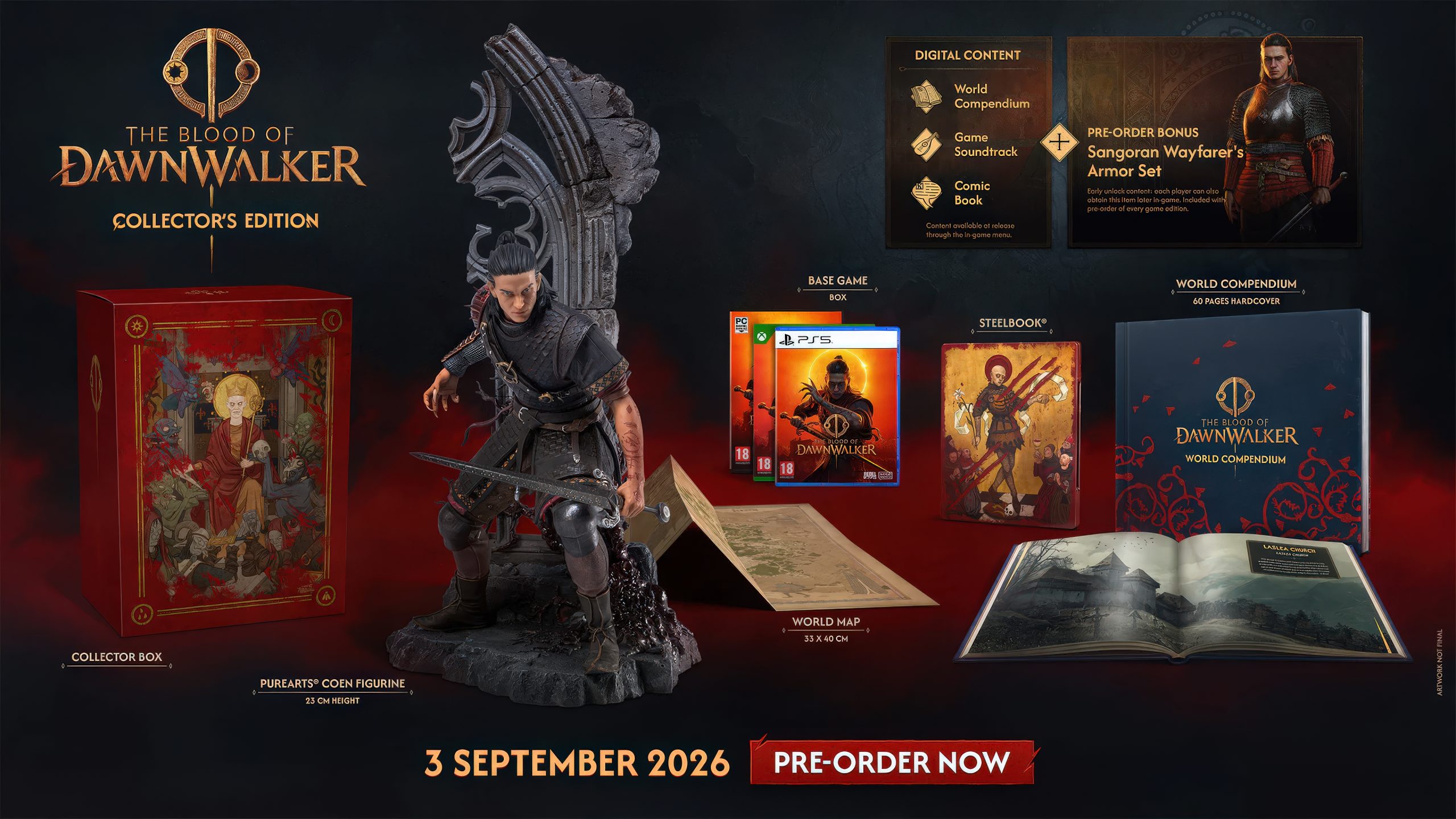 Η εικόνα παρουσιάζει το The Blood of Dawnwalker Collector's Edition για προπαραγγελία, συμπεριλαμβανομένου ενός ειδώλου PureArts Coen, ενός συλλεκτικού κουτιού, ενός παγκόσμιου χάρτη, της παγκόσμιας επιτομής με σκληρό εξώφυλλο, του SteelBook και ψηφιακού περιεχομένου.
