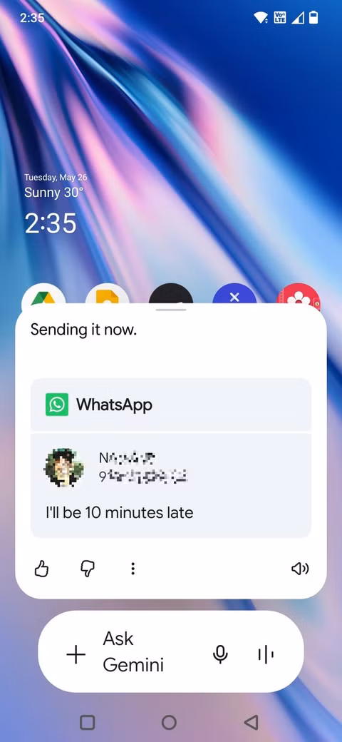 Στιγμιότυπο οθόνης που δείχνει το μήνυμα WhatsApp που έστειλε ο Gemini